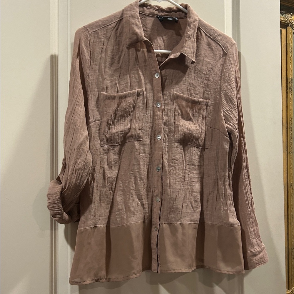 Elementz gauzy Button down Blouse shirt top long sleeve semi sheer size petite L